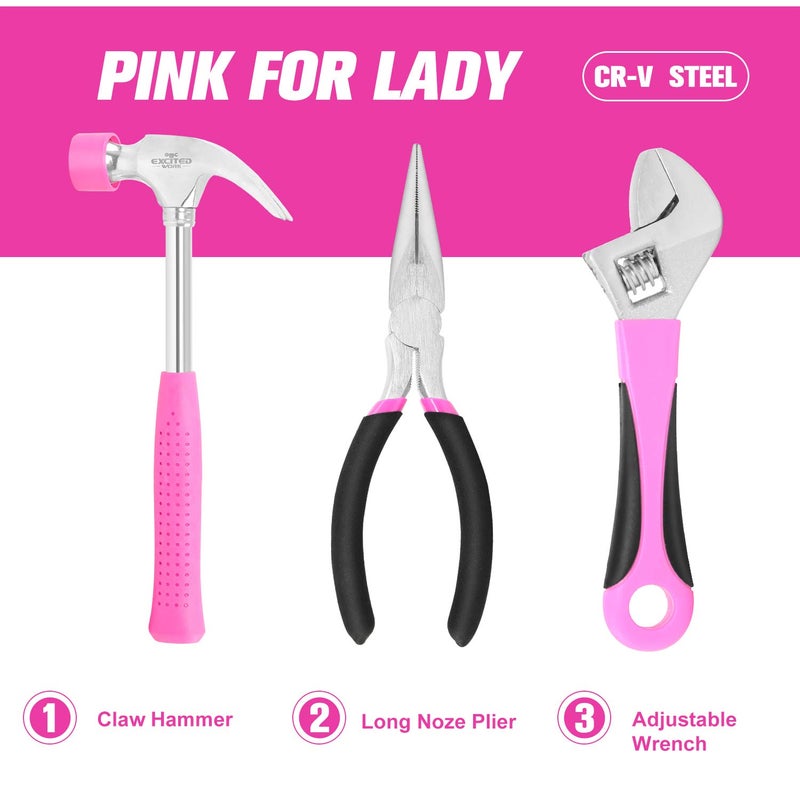 EXCITED WORK 89 Piece Pink Tool kit, Ladies Hand Tool Set with Easy Carrying Round Pouch Household Tool Kit Perfect for DIY, Home Maintenance and Dorm Repair - Image 2